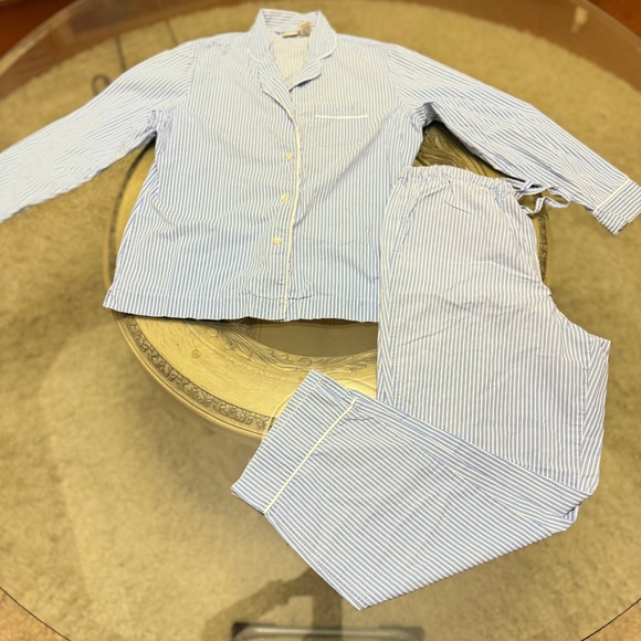 LL BEAN Womens Medium Baby Blue Striped 2-Piece Pajama Set 100% Cotton - Picture 1 of 14